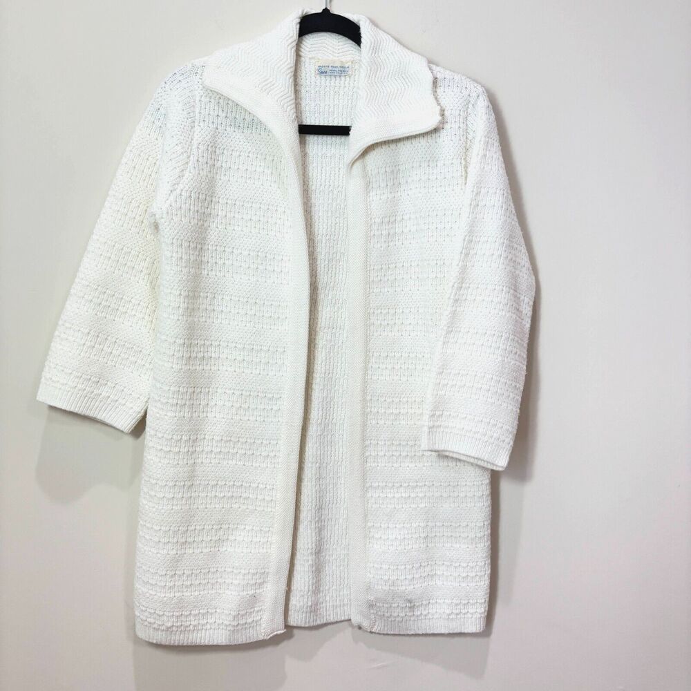 VTG Sears Roebuck White Open Front Knit Cardigan M Mid Length Thick Grannycore